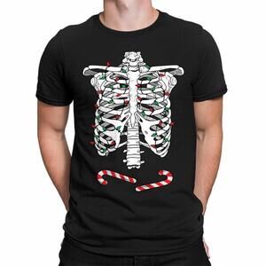 Christmas Skeleton Ribcage Lights Graphic T Shirt Spooky Holiday Funny Shirt 24